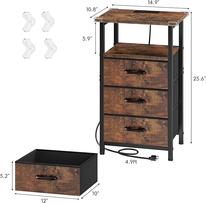 Vagusicc Nightstand Set of 2 with Charging Station, Bedside Table with USB Ports & Outlet, Side End Table with 3 Fabric Drawers & Storage Shelf, Bed Side Table Night Stand for Bedroom, Rustic Brown