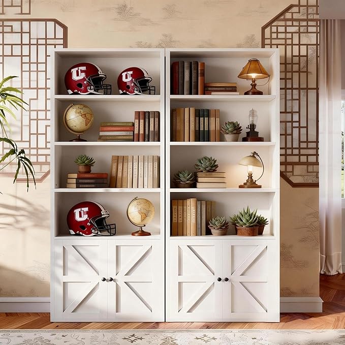 71.5" Bookshelf Set of 2, 6-Tier Bookcase with Cabinet Doors, Tall Display Shelves with Storage for Home Office, Living Room