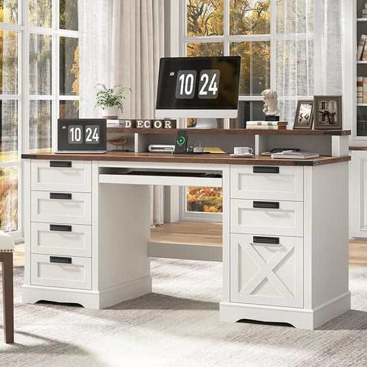60" Farmhouse Executive Desk with 8 Drawers, Wood Computer Desk with Keyboard Tray and Charging Station, Home Office Desk Writing with File Drawer Fits A4 Size for Work and Study, White and Brown