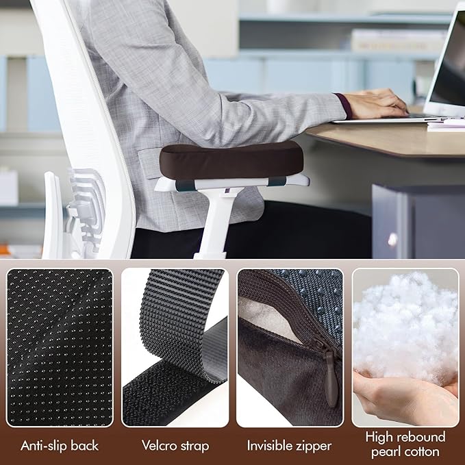 WdFour 2-Pack Non-Slip Armrest Pads for Office & Gaming Chairs - Ergonomic Forearm Support Pillow for Desk, Computer & Wheelchair, Pressure Relief Cushions (Chocolate)