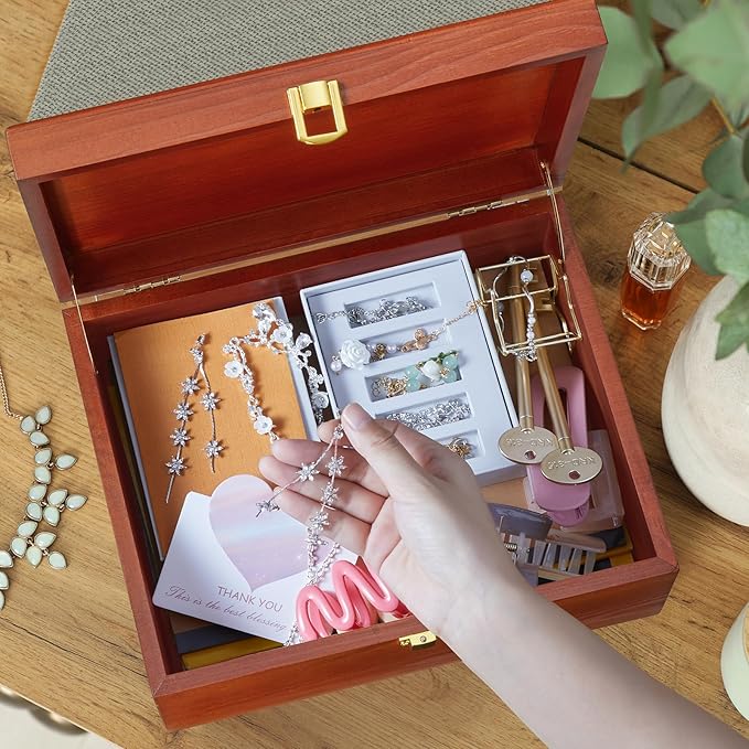 DRASTAR Wooden Keepsake Box, Large Acacia Storage Box with a Hinged Lid, Memory treasure box for Crafts and Photo Storage