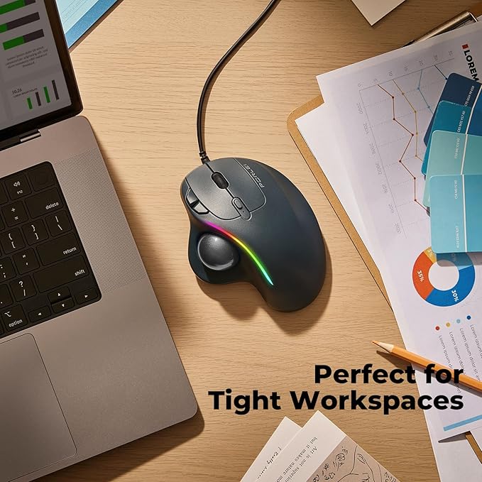 Wired Trackball Mouse with RGB Lighting, Ergonomic Thumb Control to Reduce Muscle Strain, 5 Adjustable DPI, Dual USB-C & USB-A Connectivity, Compatible with PC, Laptop, Mac, Windows (C-Black)