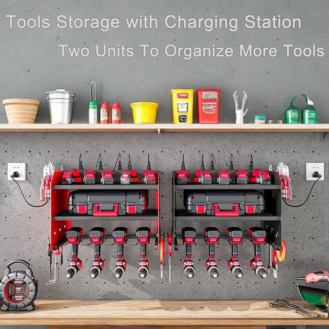 AZERPIAN Power Tool Organizer Wall Mount with Charging Station 3 Layer Heavy Duty Metal Tool Storage Rack with 4 Cordless Drill Holder Utility Rack with 8 Power Strip,Black