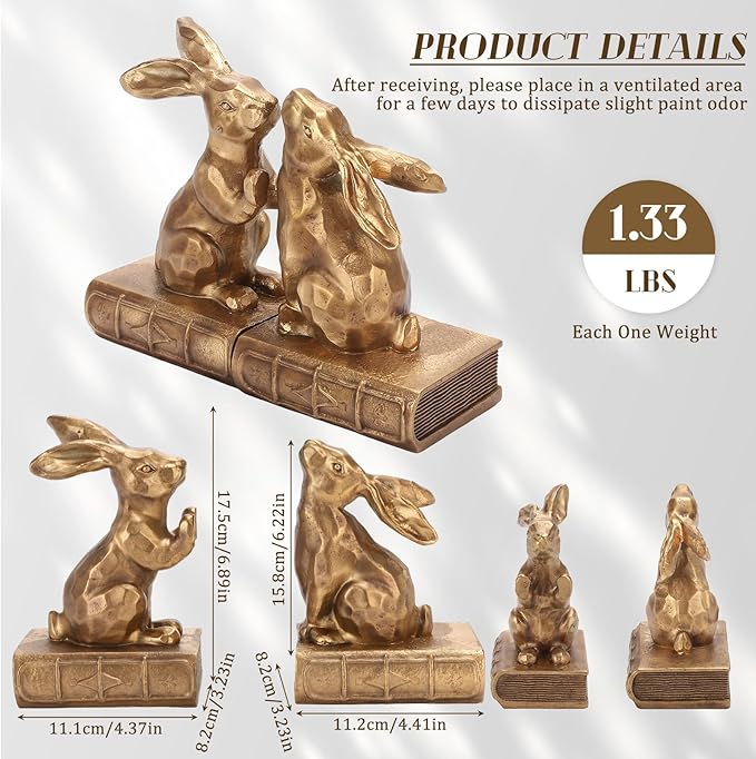 Tatuo 2 Pcs Decorative Rabbit Bookends for Shelves, Bunny Gift Book Ends for Heavy Books Animal Stopper Retriever Statues Bookends with Anti-Slip Base for Book Lover Home Bookshelf, Bronze