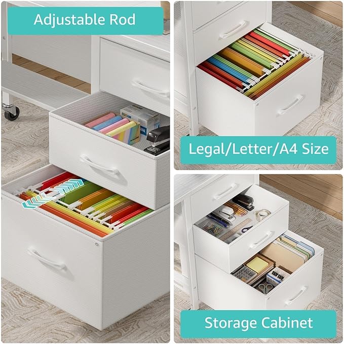 WINAZ Rolling Teacher Desk with File Drawers - 47 Inch Mobile Computer Desk with Privacy Panels & 3 Storage Drawers on Wheels, White Office Desks Workstation for Classroom & Home Office
