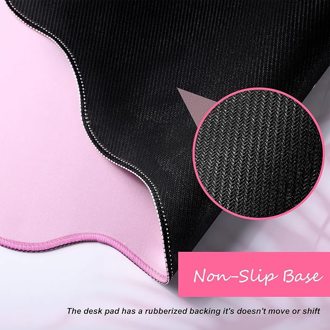 Hahafelt Scalloped Desk Mat Large Scalloped Piping Cute Desk Mat Aesthetic Preppy Table Pad Large Nonslip Pad with Edge Stitching Waterproof Gaming(Pink,31.5 x 15.8 Inches)