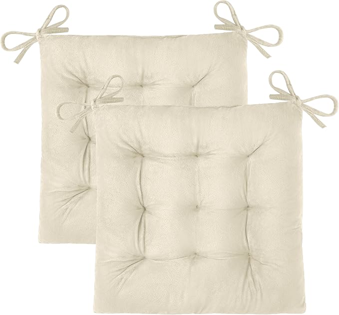 OVOV 2 Pack Chair Cushions for Dining Chairs Soft Seat Cushions for Kitchen Desk Chairs Square Chair Pads with Ties (15.5"x15.5" Cream)