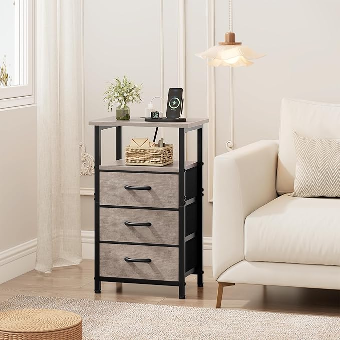 Vagusicc Nightstand with Charging Station, Bedside Table with USB Ports and Outlet, End Table Side Table with 3 Fabric Drawers and Storage Shelf, Bed Side Table Night Stand for Bedroom, Greige