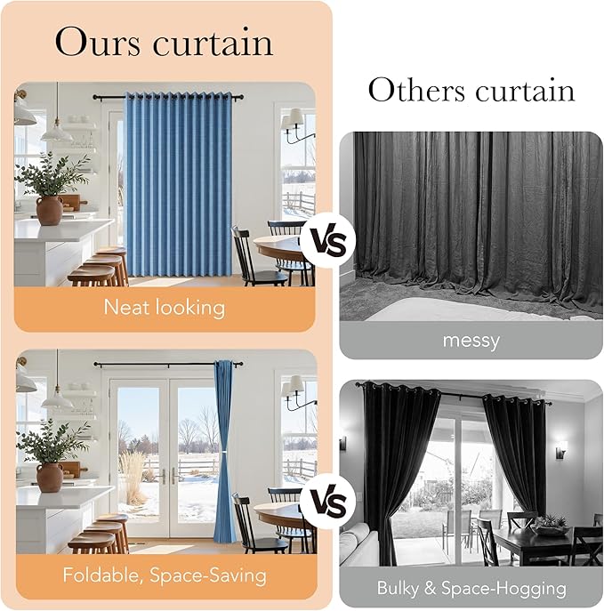 RYB HOME Accordion Style Room Divider Curtain-100% Blackout Folding Accordion Curtain for Sliding Glass Door/Bedroom, Privacy Assurd Living Room/Office Drape 1 Panel with Tieback, W100 x L96, Blue
