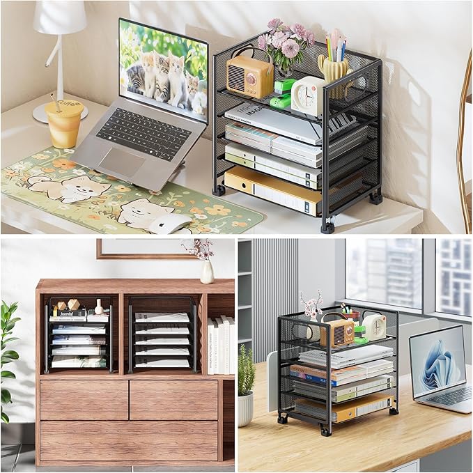 Simple Trending 5-Tier Paper Organizer Letter Tray with Handle, Mesh Desk File Organizer Folder Holder, Office Sorter for Home or School, Black