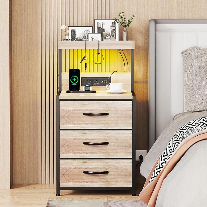 SZLHANJZ Night Stand Set 2 with LED Lights for Bedroom, Bedside Nightstands with Power Outlet and Type C Port, Matching Tables with 3 Fabric Drawers, Hooks, and Shelves, Greige