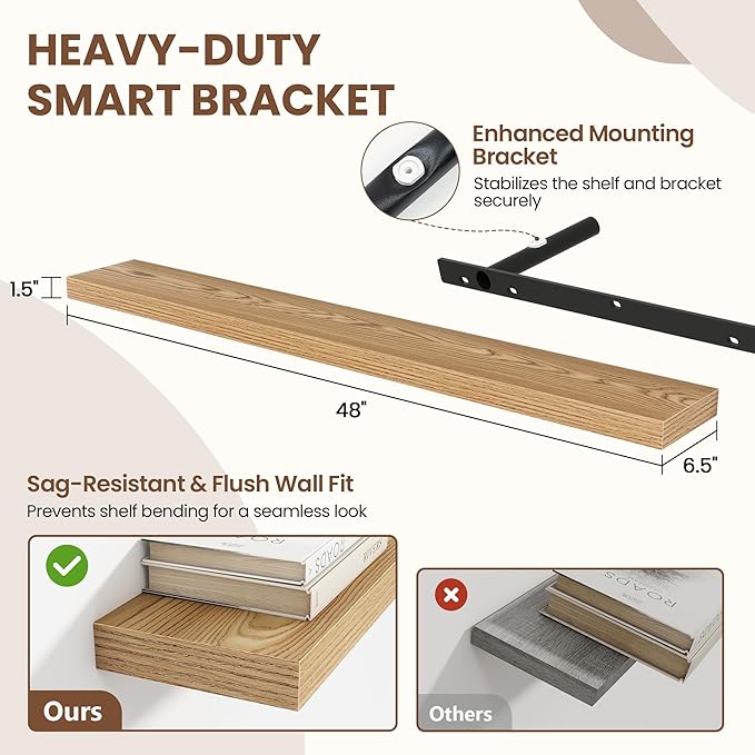 Acovy 48 Inch Floating Shelves for Wall 1 Pack, 48" Wall Shelves for Books, Storage, Decor, Wall Mounted Floating Shelf with Invisible Brackets for Kitchen, Living Room, Light Brown