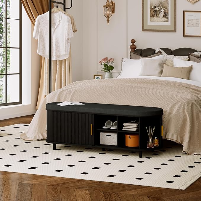 DHH 2-Tier Storage Bench,Wide Shoe Bench with Thickened Padded Seat Cushion, Mid Century Modern Fluted Sliding Door and Adjustable Shelf, for Entryway, Living Room, Bedroom (Black, 51.2”)