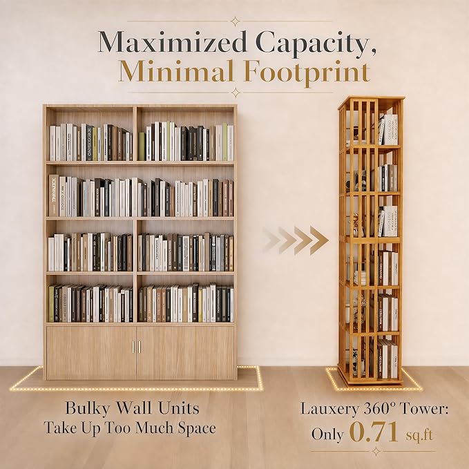 Lauxery Rotating Bookshelf Tower– 6 Tier 360° Spinning Bookshelf | Space-Saving Floor Standing Bamboo Revolving Bookcase for Small Space, Home Offices & Reading Corners | Nature