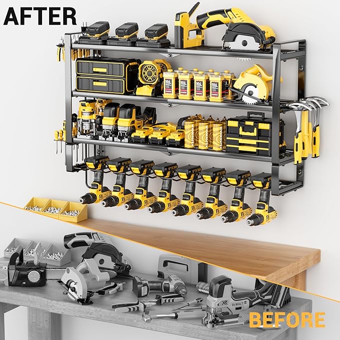 4 Layers Extra Tall Power Tool Organizer Wall Mount Loads 400lbs,Heavy Duty Metal Battery Tool Rack with 8 Cordless Drill Holders,Tool Storage Shelf For Workshop,Garage,Warehouse,Gifts for Men,Husband