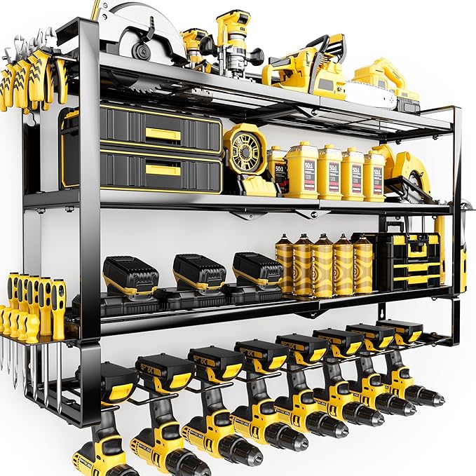4 Layers Extra Tall Power Tool Organizer Wall Mount Loads 400lbs,Heavy Duty Metal Battery Tool Rack with 8 Cordless Drill Holders,Tool Storage Shelf For Workshop,Garage,Warehouse,Gifts for Men,Husband