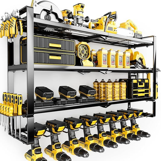4 Layers Extra Tall Power Tool Organizer Wall Mount Loads 400lbs,Heavy Duty Metal Battery Tool Rack with 8 Cordless Drill Holders,Tool Storage Shelf For Workshop,Garage,Warehouse,Gifts for Men,Husband