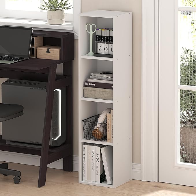 Furinno Fulda Book Shelf, 4-Tier Narrow Bookshelf, Standing Bookcase with 10-in Width Storage Shelf, 9.3 x 9.8 x 41.6, for Organization and Storage, for Living Room, Bedroom, Home Office, White