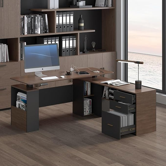 JOMEED 63" L Shaped Electric Standing Desk with Storage, Executive Adjustable Height with Privacy Pane and Power Outlets,Brown and Black