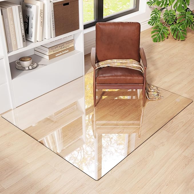Tempered Glass Chair Mat 48"x40" – Ultra-Clear Office Chair Mat for Hardwood Floors & Low-Pile Carpets – Heavy-Duty 0.2" Scratch-Resistant Surface with Non-Slip Pads – Supports 1,000 lbs