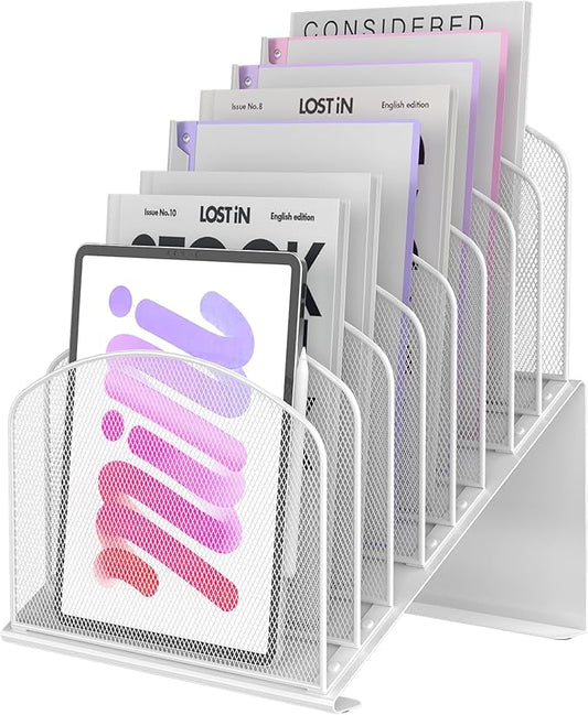 Inclined Desk File Organizer Metal Desk Magazine Folder Holder with 8-Section Vertical Compartments Rack File Organizer for Office, Home, School, White