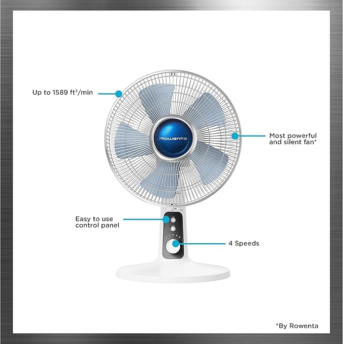 Rowenta, Desk Fan, Turbo Silence Table Fan, 12 Inches, Ultra Quiet Fan for Bedroom, Oscillating, Portable, 4 Speeds, Manual Turn Dial, White, Indoor, VU2730