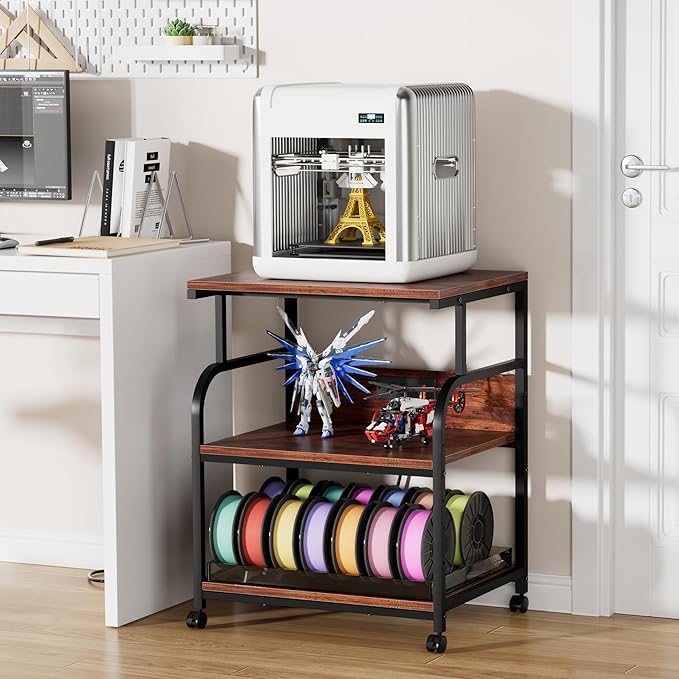 VECELO Adjustable Large Printer Stand with Power Outlet, 3-Tier Heavy Duty Cart on Lockable Wheels, Office Storage Table for Home Office, 3D Printer, Fax Machine, Scanner, Rustic Brown