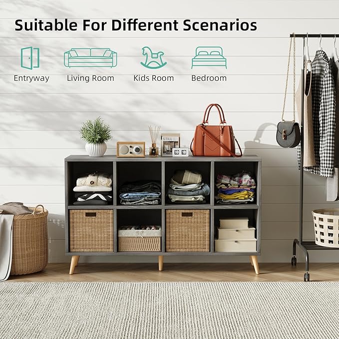 8-Cube Bookshelf 2 Tier Retro Bookcase with Legs, 11in Shelf Opening, 47" Wood Bookshelves Storage Organizer Shelf, Freestanding Open Book Shelves for Bedroom Living Room Office,Grey Oak