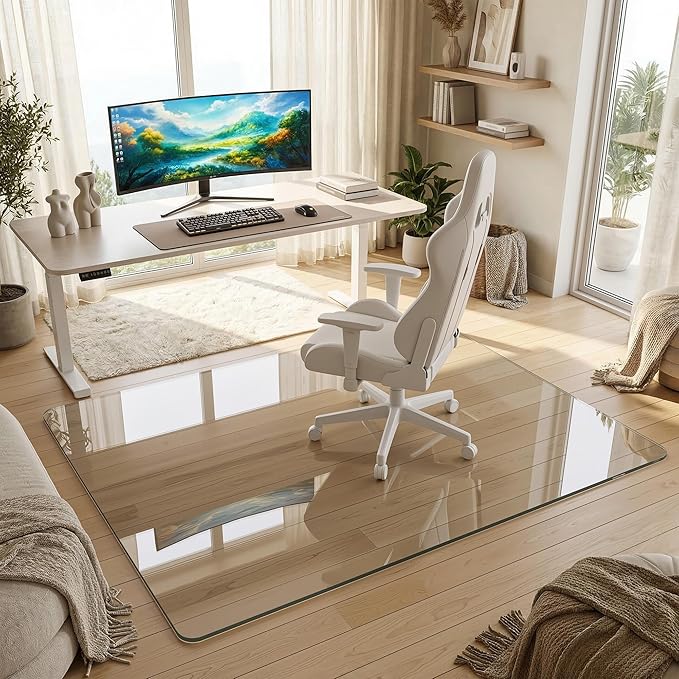 Tempered Glass Chair Mat for Hardwood Floor, 46" x 55" Heavy Duty Glass Office Chair Mat, for Low Pile Carpet, 0.2" Thick with 4 Non-Slip Pads, Smooth Rolling for Home & Office