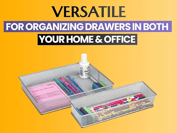 YBM HOME Silver Mesh Drawer Cabinet and or Shelf Organizer Bins, School Supply Holder Office Desktop Organizer Basket (24, 4x12x2 inch)