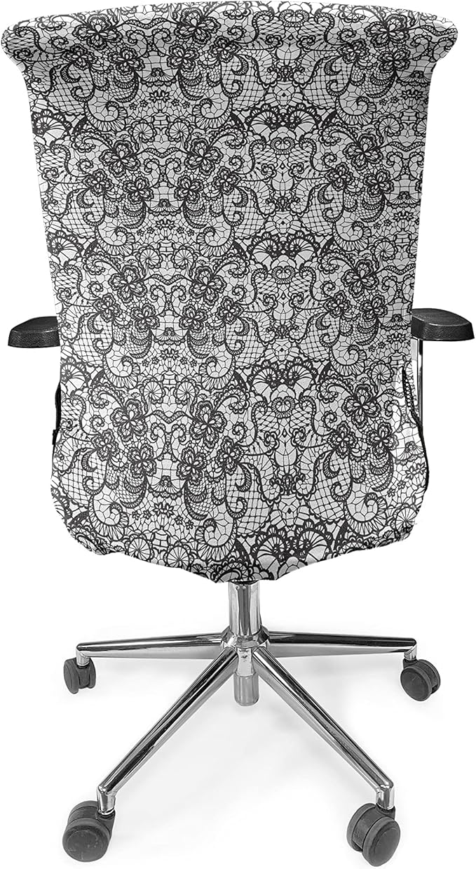 Ambesonne Gothic Office Chair Cover, Classical Bridal Composition Vintage Spring Motifs Victorian Wedding Inspirations, Stretchable Decorative Universal Size High Back Printed Slipcover, White Black