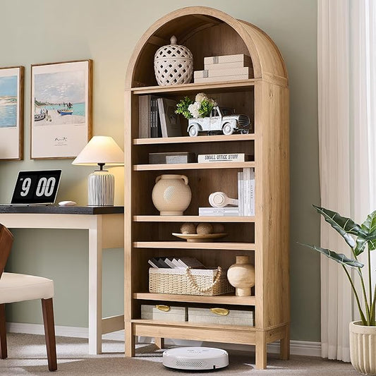 IFGET 71" Tall Arched Bookshelf, 7 Tiers Arch Bookcase with Storage, Modern Farmhouse Book Shelf with Adjustable Shelves, Wood Bookshelf w/Open Display Shelves for Living Room, Office (Natural)