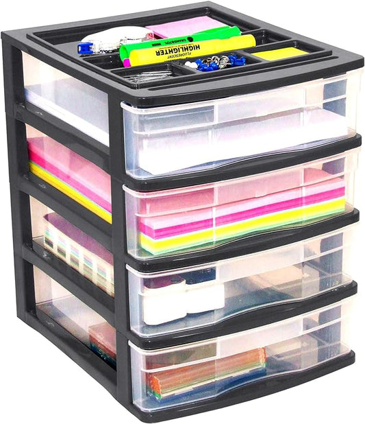 Gracious Living 4-Drawer Desktop and Countertop Storage Organizer Drawer Set, Plastic Office Desk Organizer, Black/Clear