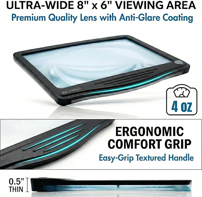 MagniPros 5X Rechargeable Large Ultra Bright LED Page Magnifier with Anti-Glare Lens & 3 Color Dimmable Light Modes, Relieve Eye Strain- Ideal for Reading Small Prints, Low Vision, Seniors