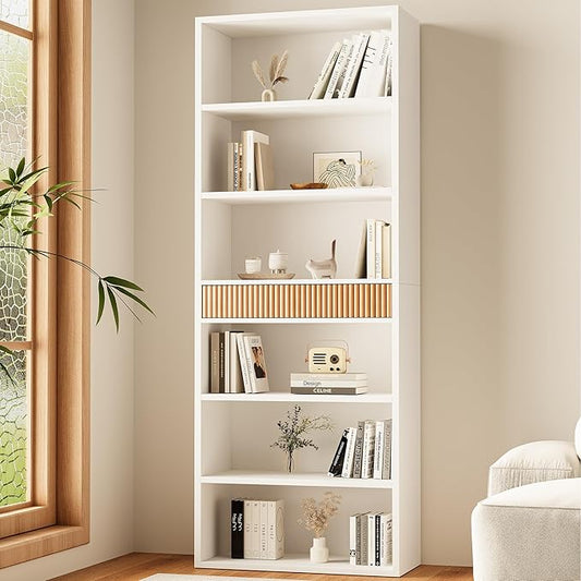 INNOD 72" Tall Bookshelf with Storage, 7-Tier Bookcase Fluted with Drawer, Display Book Shelf Book Organizer with Anti-tip Device, Home Decor Wood Furniture for Bedroom, Living Room and Office, White