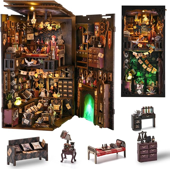 TOYQI Book Nook Kit, Book Nook Kits for Adults, DIY Miniature Dollhouse Kit 3D Wooden Puzzle Booknook Bookend with LED Light