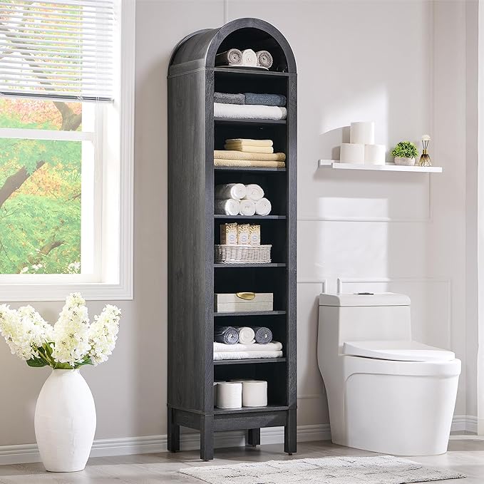IFGET 71" Tall Arched Bookshelf, 8 Tiers Arch Bookcase with Storage, Modern Farmhouse Book Shelf with Adjustable Shelves, Wood Bookshelf w/Open Display Shelves for Living Room, Office (Dark Grey)