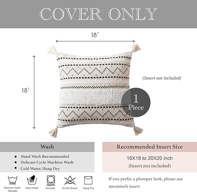 BlissBlush 18X18 Throw Pillow Cover, Cream Neutral Square Decorative Cushion Cover with Black Pattern, Boho Accent Pillowcase with Tufted Details and Tassels for Couch Sofa Living Room (Cover Only)