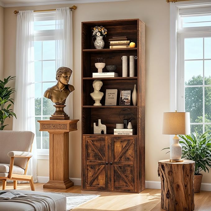Furniwell Industrial Bookshelf and Bookcases with Doors Modern Bookshelf Cabinet Tall Book Shelves Storage for Home Office, Bedroom (Rustic Brown)