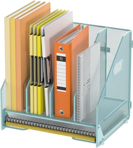 Docnest Desk File Holder Sorter, 4 Vertical Compartments Rack with Letter Tray, Mesh Magazine File Holder with Handle,Workspace Organizers,Desk Organizers for Paper, Mail, Documents-Blue