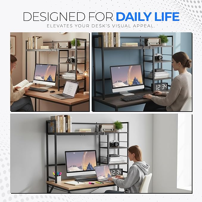 Desk Shelf Storage, 38 Inch, 4-Tier Wood Bookshelf Organizer, Computer Desk Hutch – Black, Desktop Bookshelf Organizer Shelf for Desk for Dorm Workspace and Home Office Use