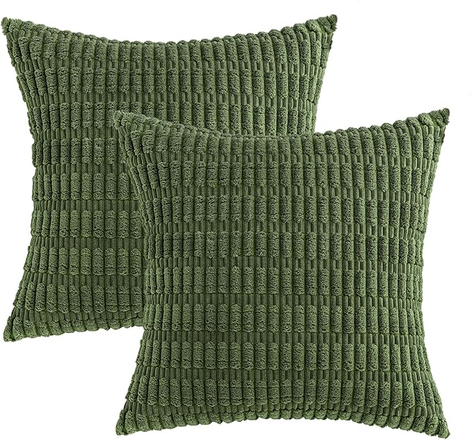 MIULEE Pack of 2 Spring Corduroy Decorative Euro Sham Throw Pillow Covers 24x24 Inch Soft Boho Striped Pillow Covers Modern Farmhouse Home Decor for Summer Sofa Living Room Couch Bed Moss Green