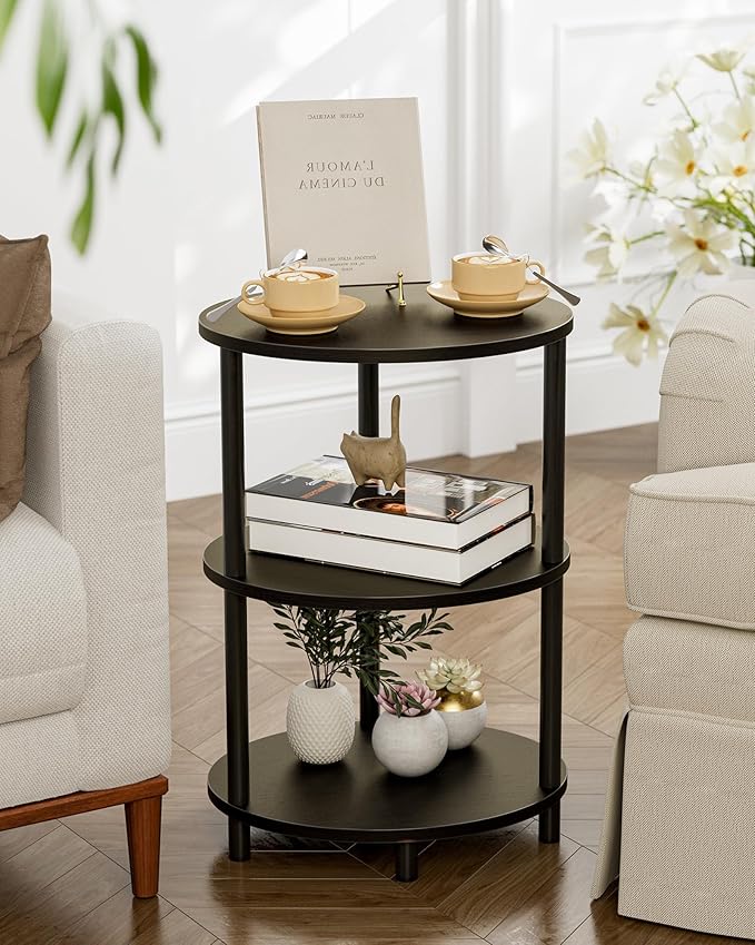 Round Pedestal End Table - 3-Tier Oval Accent Table for Small Spaces, Rustic Wood and Metal Couch Side Table, Nightstand for Bedroom or End Table Living Room, Easy to Assemble, Charcoal Wenge