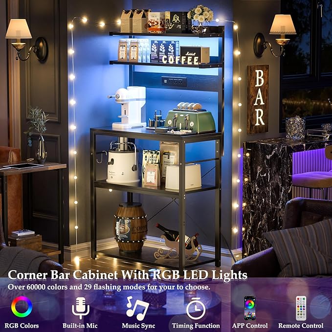 Aheaplus Bakers Rack with Power Outlet, Microwave Stand, 5 Tiers Coffee Bar Station with Led Lights, Kitchen Storage Shelf with 6 S-shaped Hooks, Kitchen Rack for Spices, Pots and Pans, Black