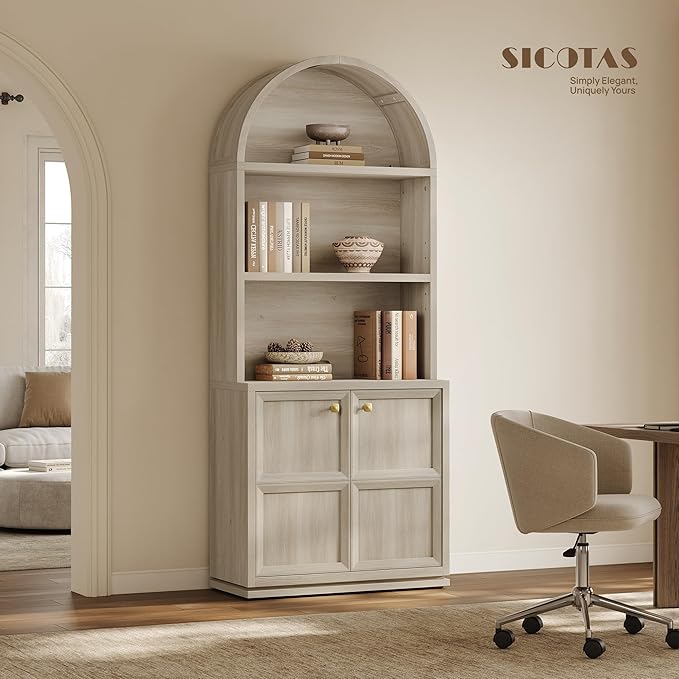 SICOTAS 81" Tall Arched Bookcase, Large Book Shelf with Storage, Modern 5-Tier Arched Cabinet with Adjustable Shelves & Cable Management for Home Office Library Living Room Kitchen, Grey White Oak