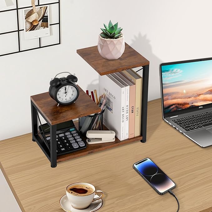 Desk Shelf Organizer, 3-Tier Wood Desk Bookshelf, Small Tabletop Book Shelf, Adjustable Display Rack for Office Decor and Desk Accessories,Rustic Brown