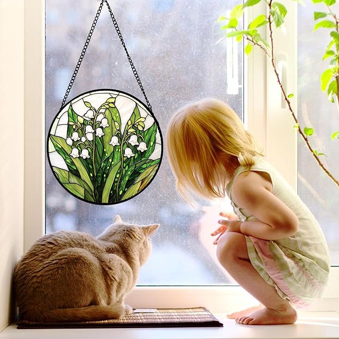 DASTOLL Stained Glass Window Hanging, Lily of the Valley Flower Sun Catchers Colorful Glass Panel Green Plants Suncatcher Decor for Birthday for Women, Men,Wife, Lovers, and Mom 9.8 in