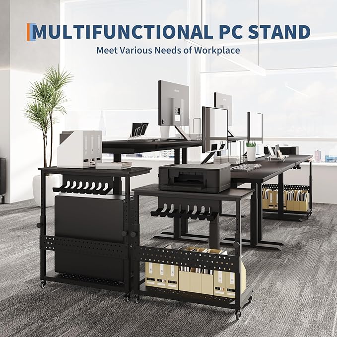 Computer Tower Stand, 11 Level Height Adjustable PC Stand with Line Storage Rack, Mobile Rolling CPU Holder Cart for Gaming Office Home (Black)