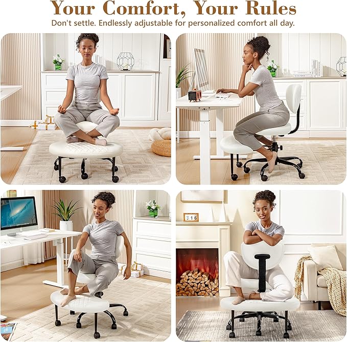 AtHope Ergonomic Cross Legged Office Chair with Wheels - Adjustable Height for Meditation, ADHD Desk & Yoga - Wide Criss Cross Design with Lumbar Support, Kneeling Chair - White
