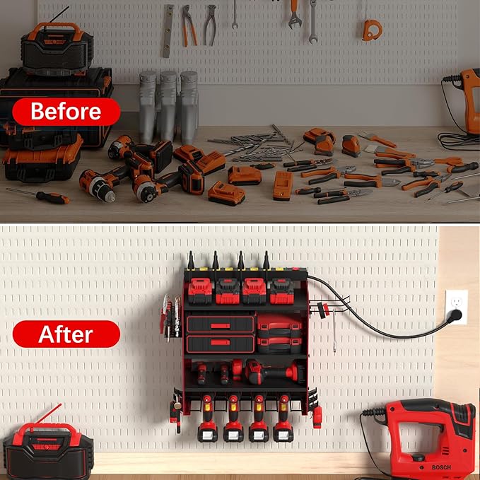 Power Tool Organizer Wall Mount wtih Charging Station,4 Drill Holder Wall Mount with 8 Outlet Power Strip,Heavy Duty Tool Rack with Hooks,Screwdriver Organizer in Garage(Dark Red,4 Layers)